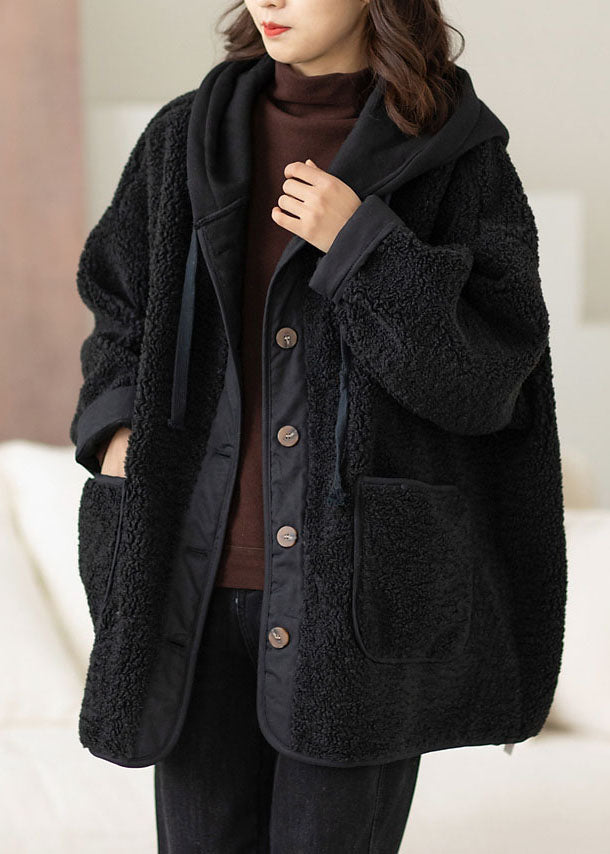 Boho Coffee Patchwork Button Thick Faux Fur Hooded Coats Winter